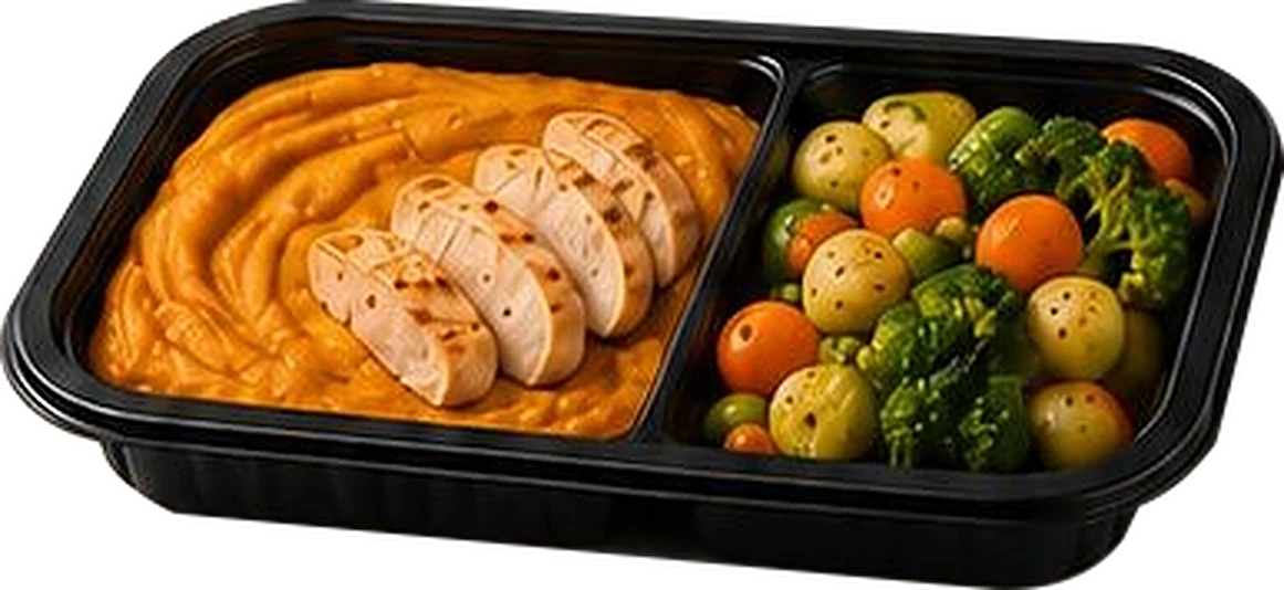 Marmita fit LEVVE de frango grelhado com purê e legumes, servida em pote de 350ml